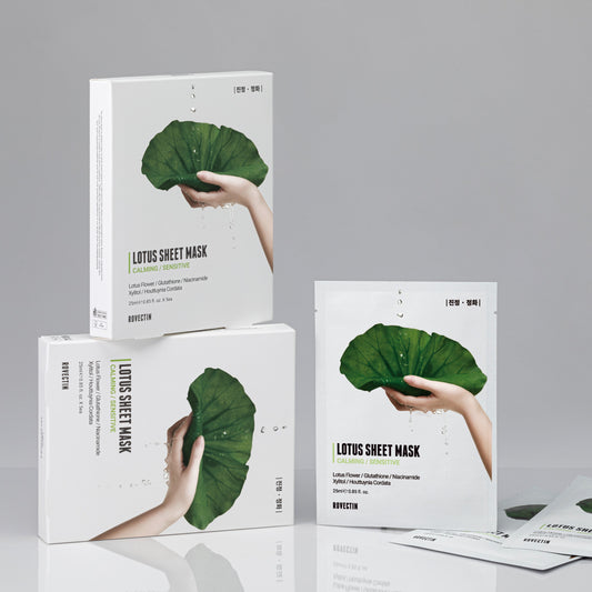 Rovectin Calming Lotus Sheet Mask in a box of five, showing individually packed sheet masks with calming lotus flower design.