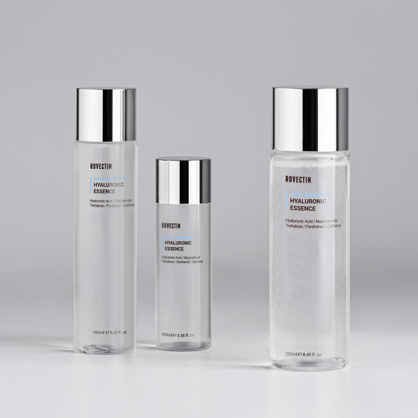 Rovectin Hyaluronic Essence bottle with 180ml clear container, emphasizing hydrating skincare essence for deep moisture.
