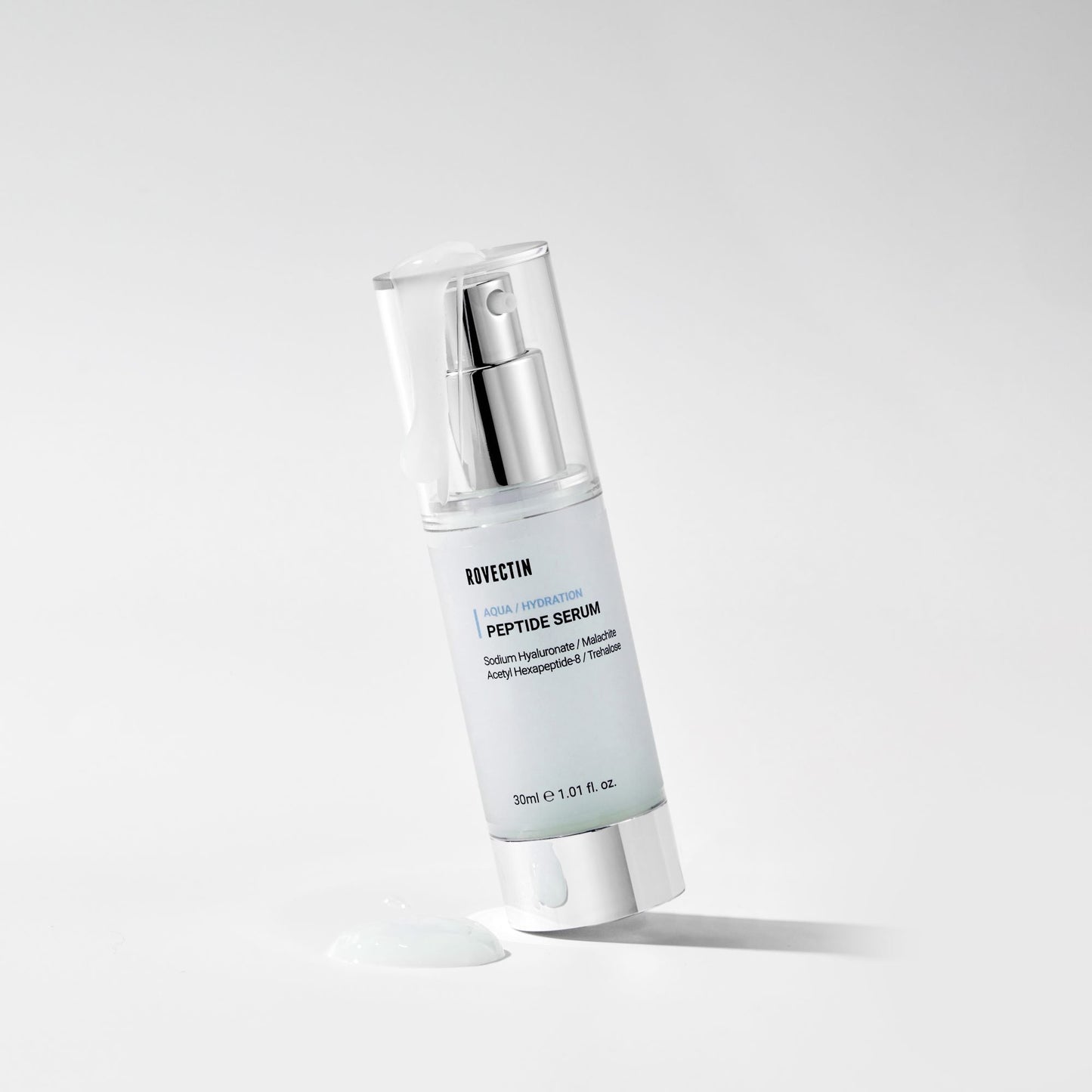 Rovectin Aqua Peptide Serum 30ml in a clear glass bottle with a pump dispenser, featuring a minimalist label design.