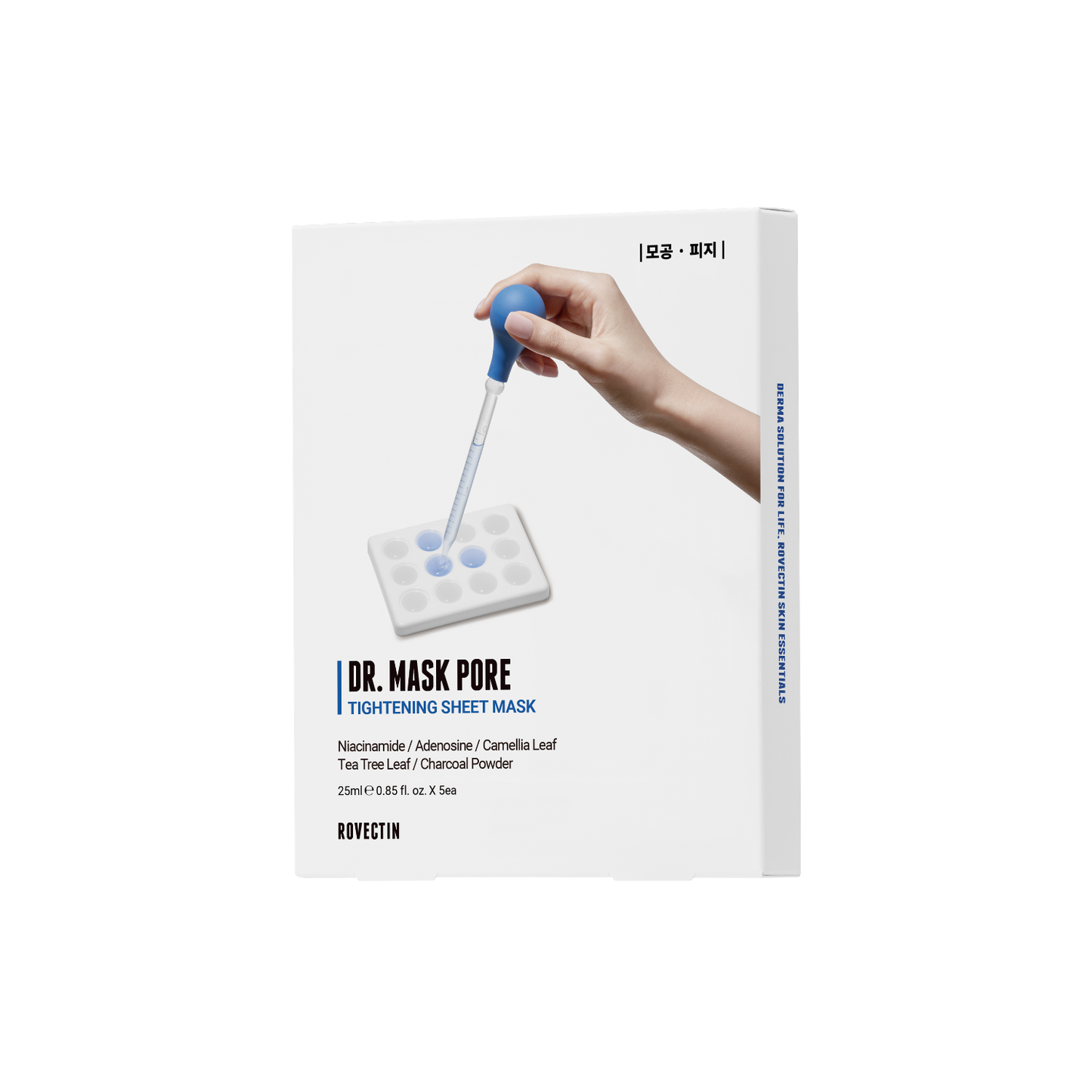 Rovectin Dr. Mask Pore Box sheet masks featuring five individually packaged sheet masks with hydrating and pore-refining properties.