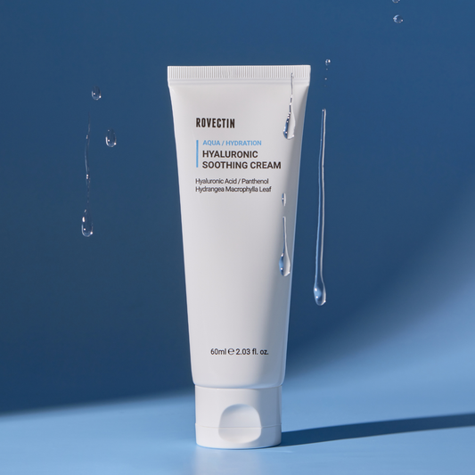 Rovectin Aqua Hyaluronic Cream 60ml face moisturizer jar with a clear lid and blue and white packaging.