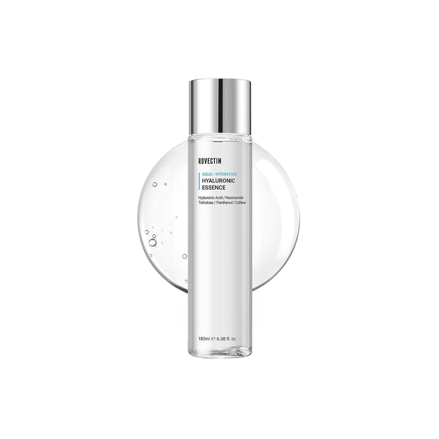 Rovectin Hyaluronic Essence in a 180ml bottle, clear liquid with a dropper cap, suitable for hydrating skincare routines.