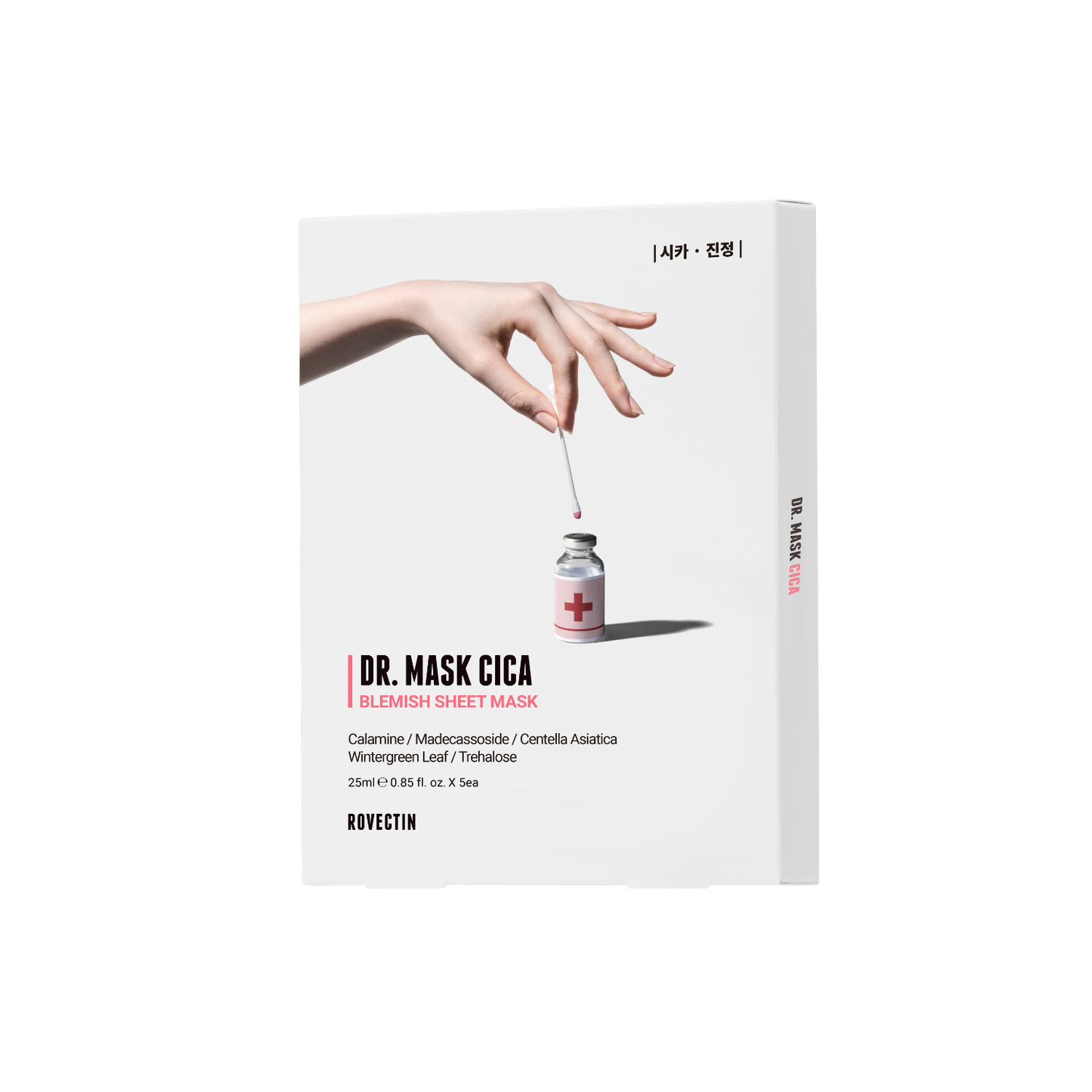 Rovectin Skin Essentials Dr. Mask Cica Sheet Mask box with five individually packaged soothing sheet masks for skin care.