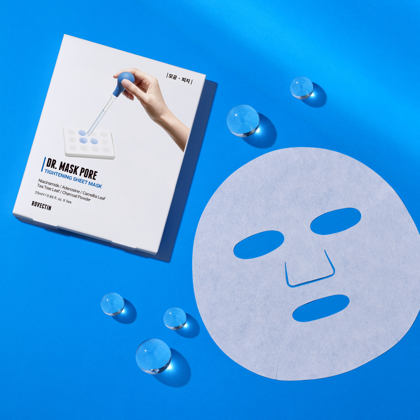 Rovectin Dr. Mask Pore Box sheet masks, 5-piece set with soothing, pore-refining skincare in individual packaging.