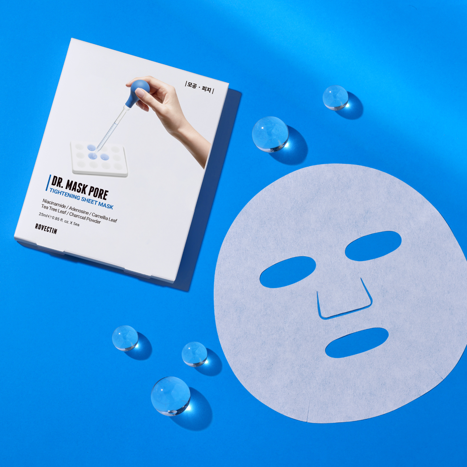 Rovectin Dr. Mask Pore Box sheet masks, 5-piece set with soothing, pore-refining skincare in individual packaging.