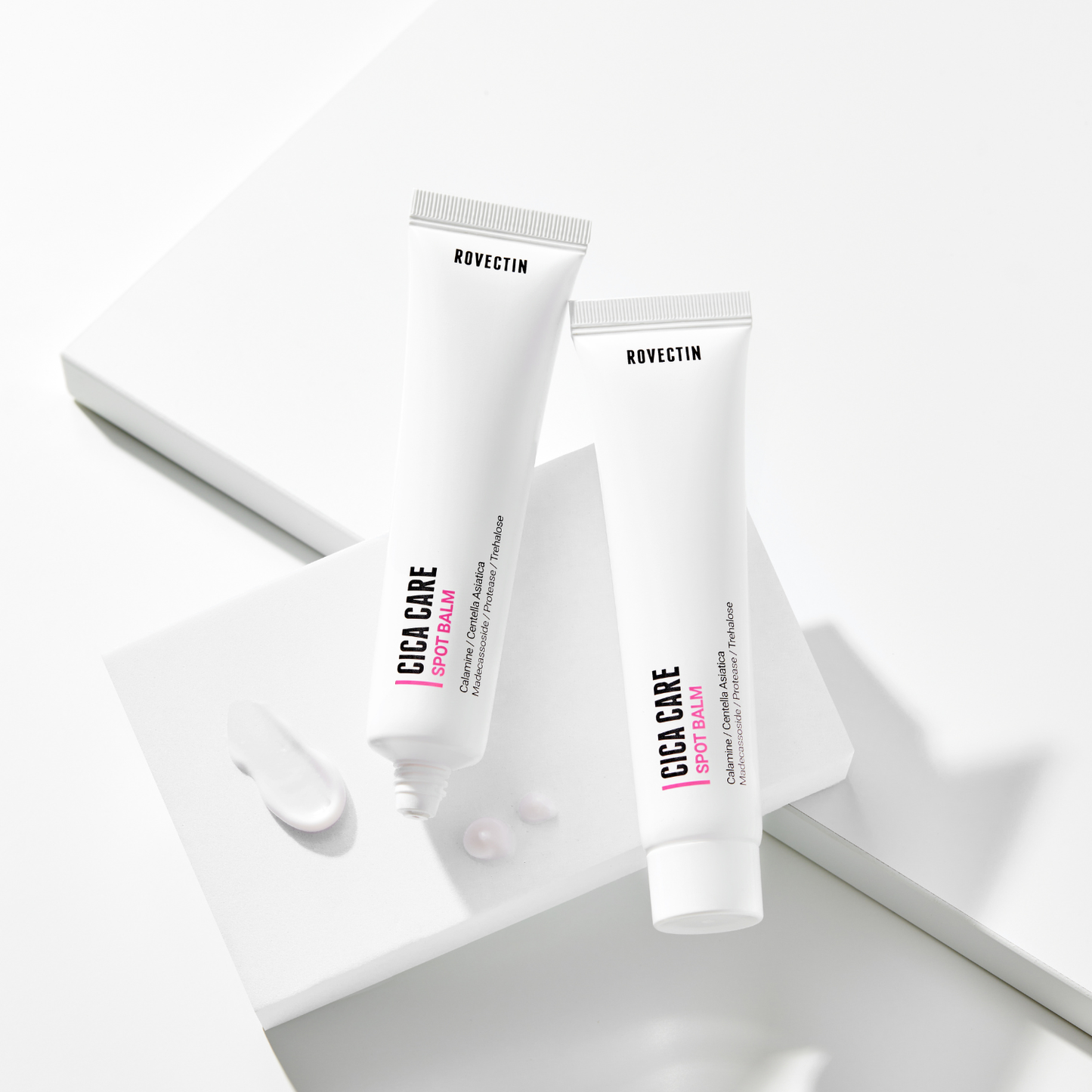 Rovectin Cica Care Spot Balm 40ml face moisturizer with soothing ingredients, shown in a white tube with blue accents.