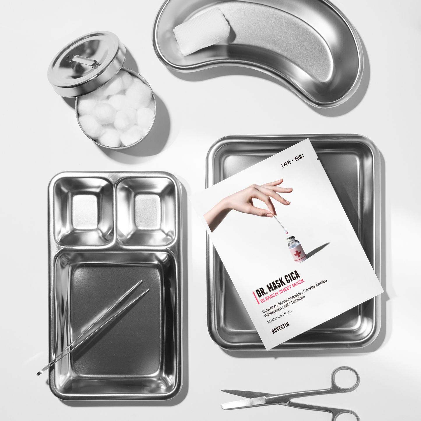 Rovectin Skin Essentials Dr. Mask Cica sheet mask box with five soothing sheet masks for skin calming and hydration.