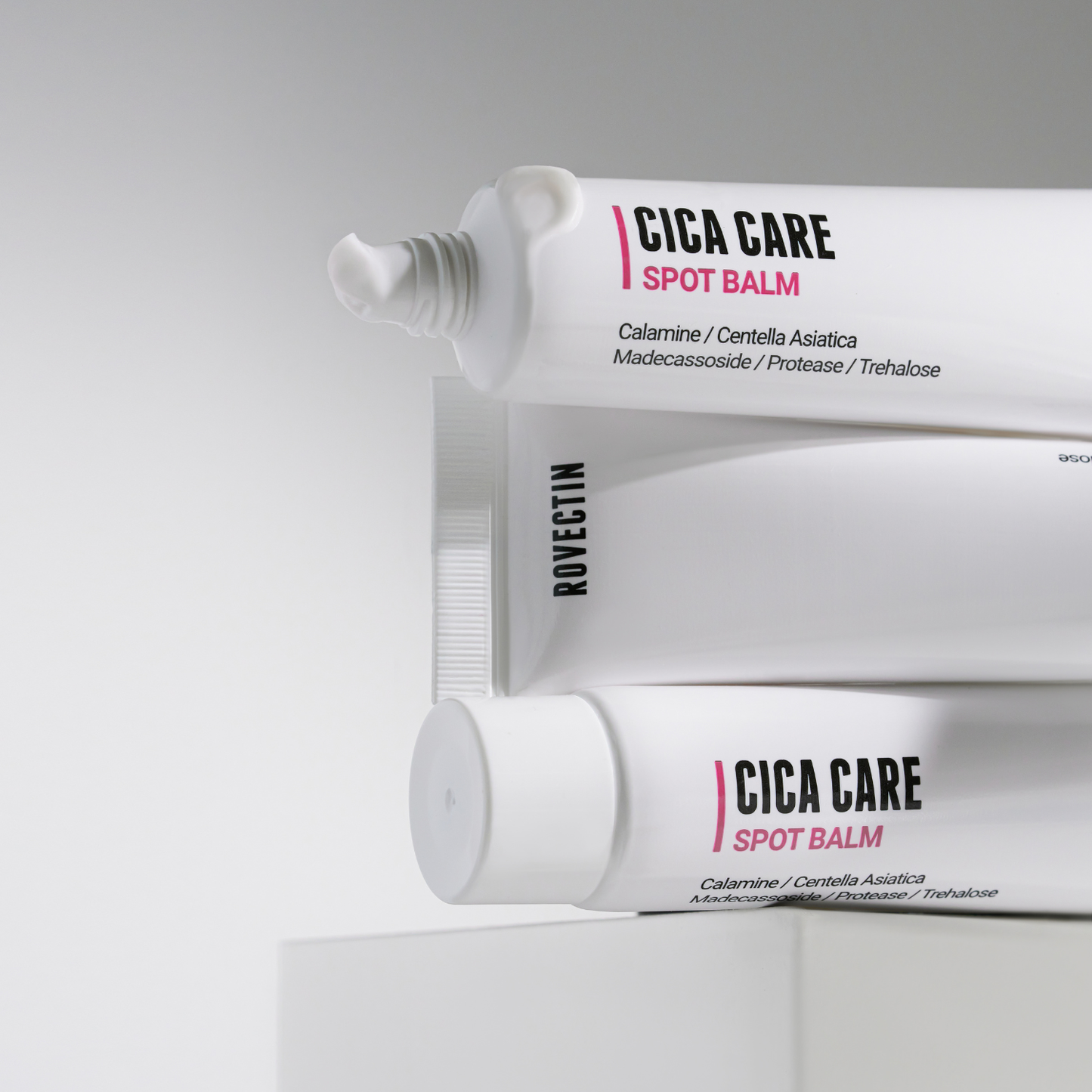 Rovectin Cica Care Spot Balm 40ml face moisturizer in a white tube with green accents, designed for soothing skin.
