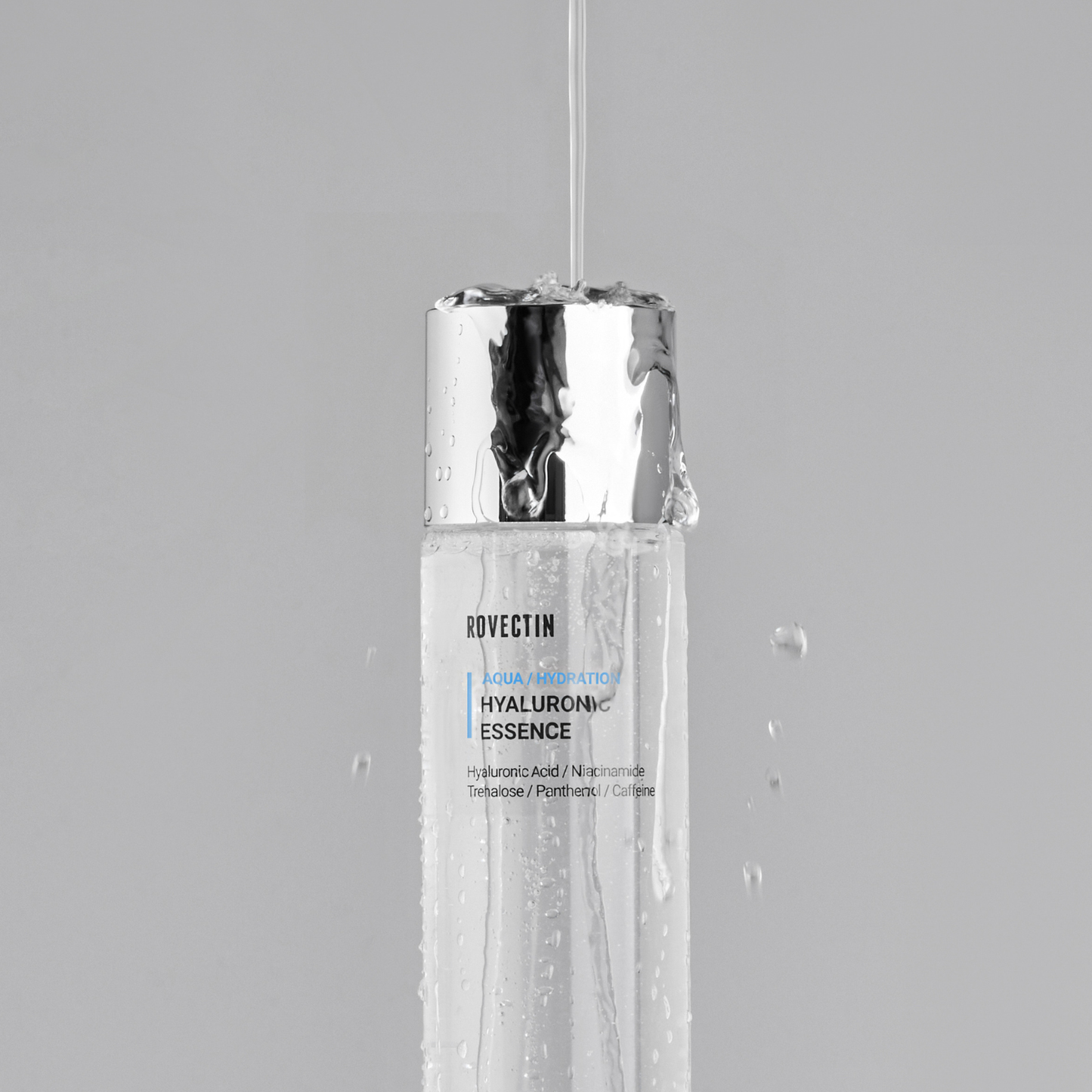 Rovectin Hyaluronic Essence 180ml bottle with clear liquid and white pump dispenser for hydrating skincare.