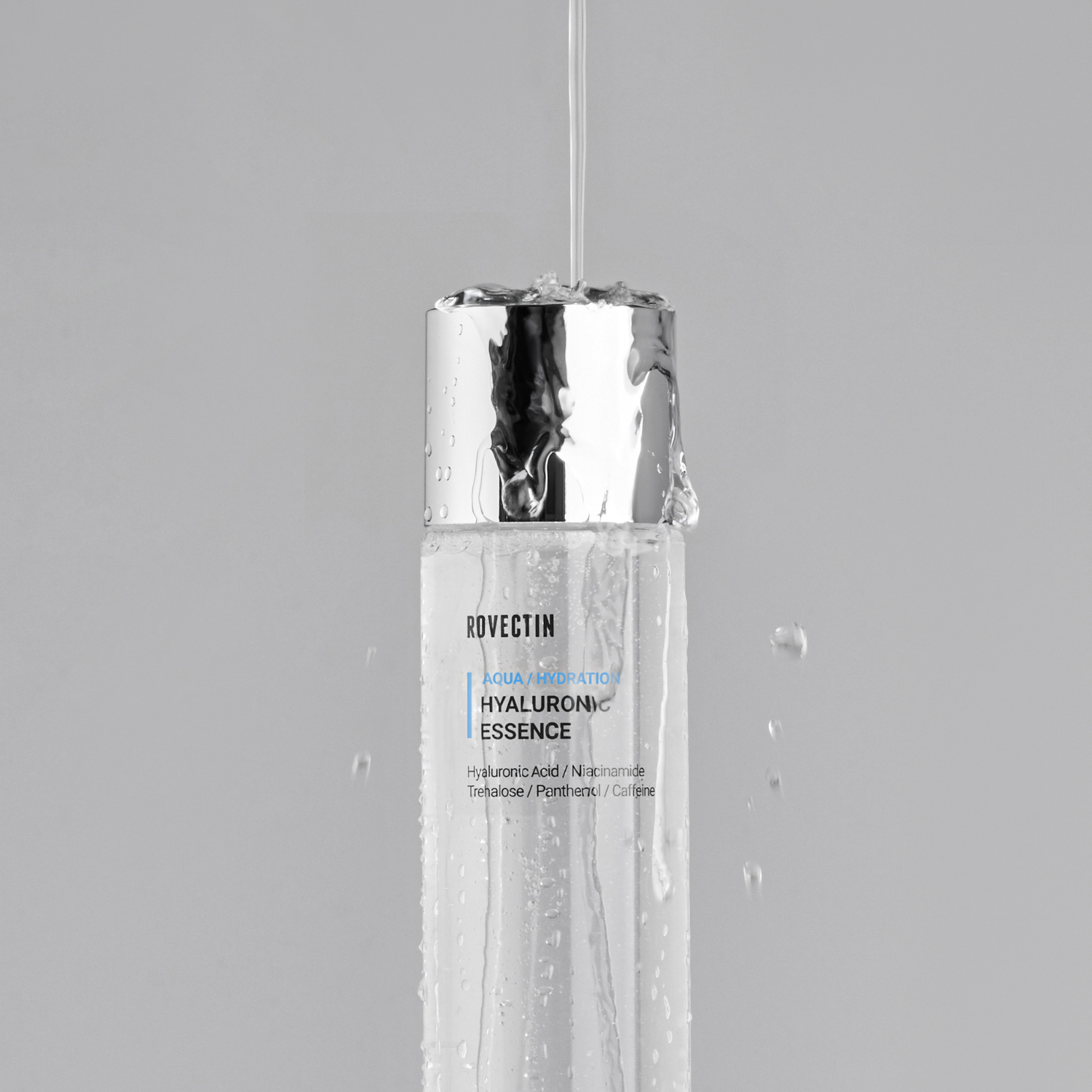 Rovectin Hyaluronic Essence 180ml bottle with clear liquid and white pump dispenser for hydrating skincare.