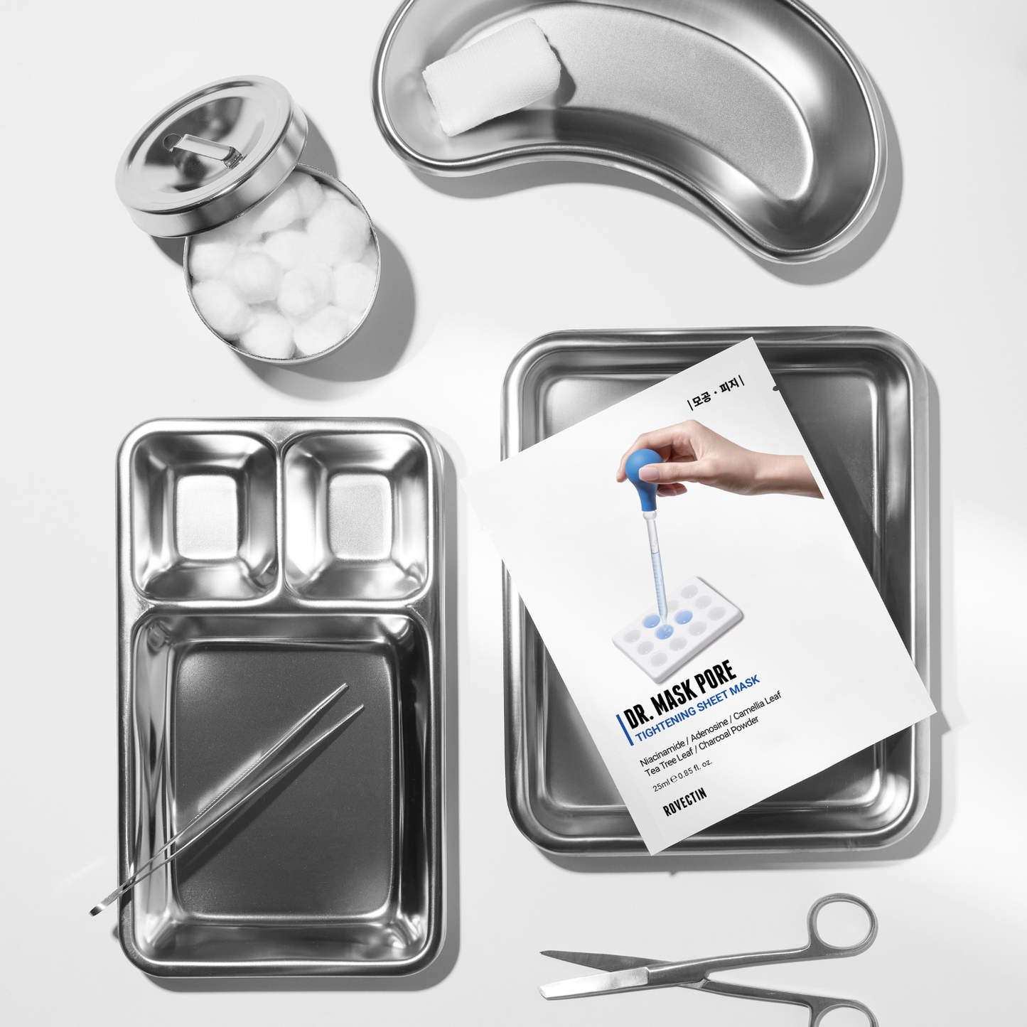 Rovectin Dr. Mask Pore Box sheet masks, 5-pack with individual masks featuring pore-refining skincare ingredients.