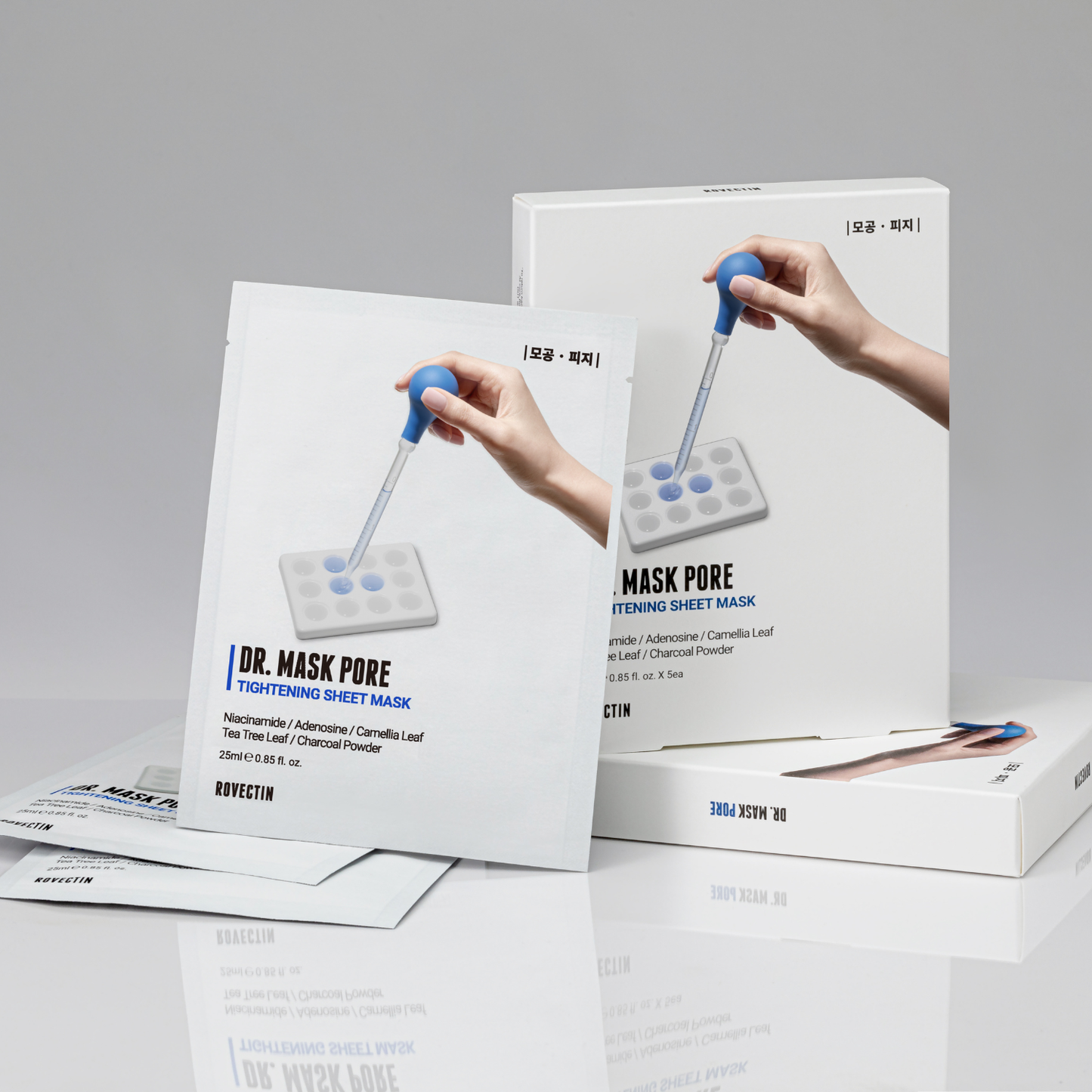 Set of five Rovectin Dr. Mask Pore Box sheet masks with individual packaging, designed for pore cleansing and skin revitalization.