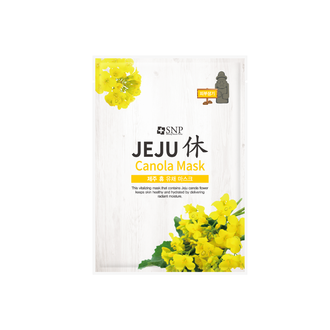 SNP Jeju Canola Sheet Mask for hydrating and nourishing skin, featuring vibrant yellow canola flower design on the mask sheet.