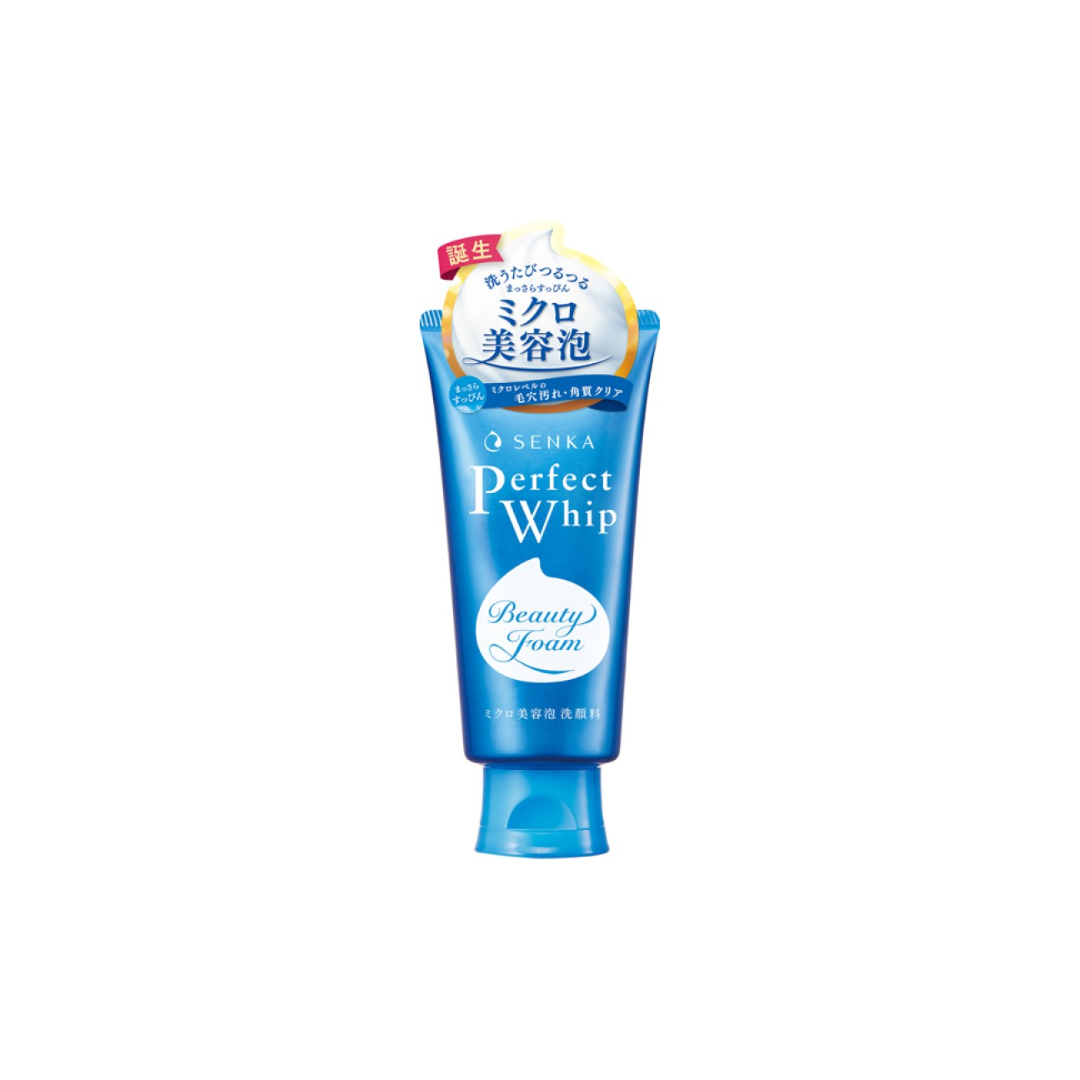Shiseido Senka Perfect Whip foaming cleanser in a 120g tube, showing the creamy foam texture and product packaging.