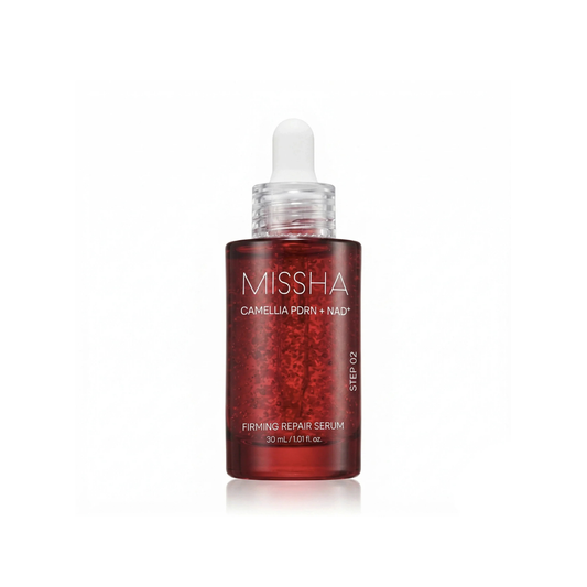 Missha PDRN Nad Firming Repair Serum 30ml bottle, showcasing the sleek packaging and clear liquid serum inside.