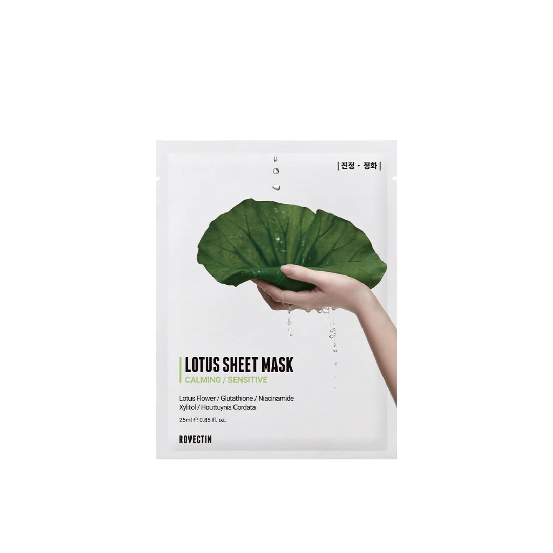 Set of five Rovectin Calming Lotus Sheet Masks for soothing and hydrating skin care in a clear box.