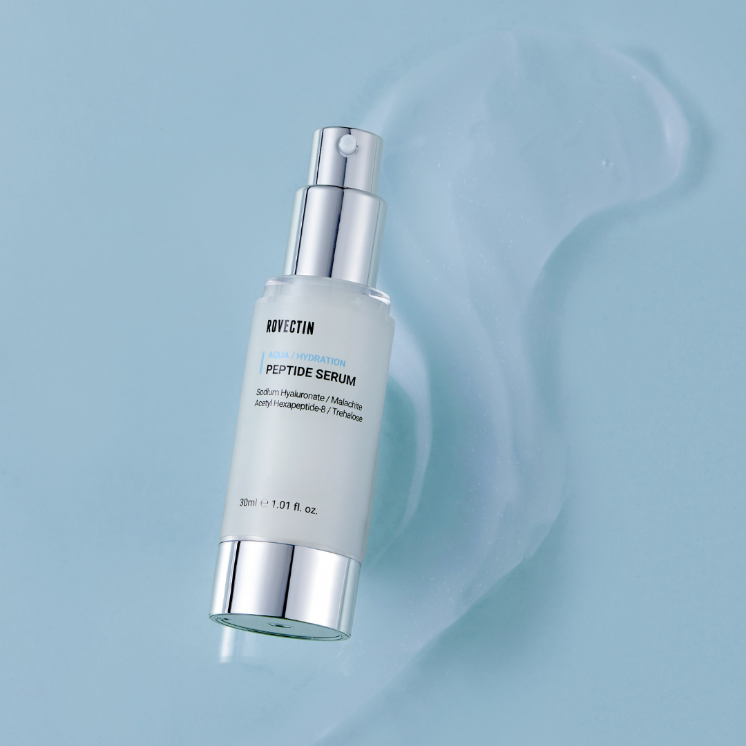 Rovectin Aqua Peptide Serum 30ml bottle with dropper, clear glass container showing the serum inside.