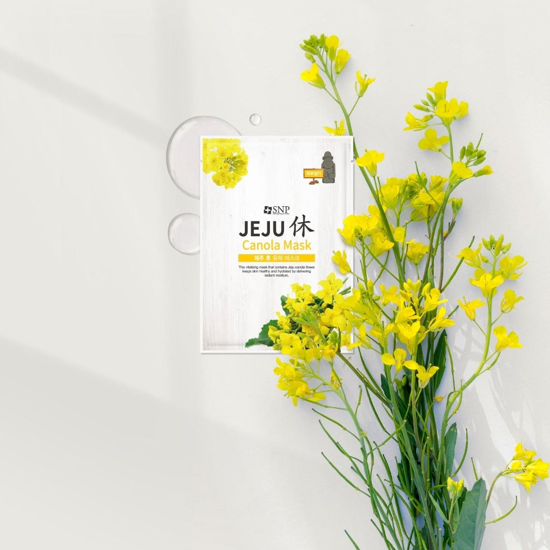 SNP Jeju Canola Sheet Mask showing a soothing, natural fabric sheet with canola flower design for skincare.
