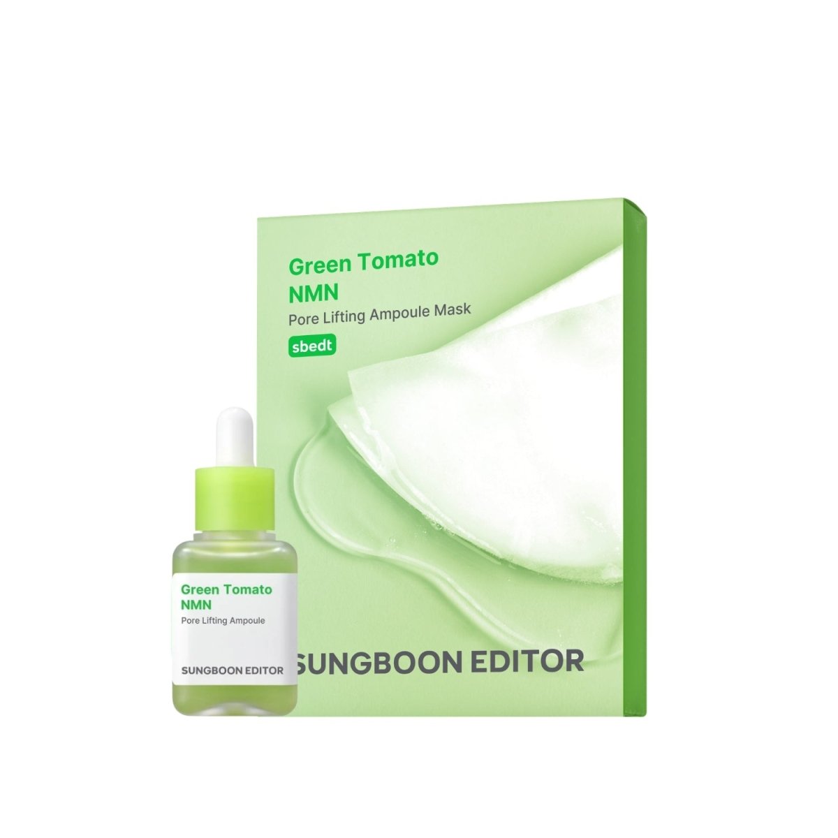 Bundle of Green Tomato NMN Pore Lifting Ampoule 40ml and 10-piece mask box by Sungboon Editor, featuring skincare products with green tomato extract.