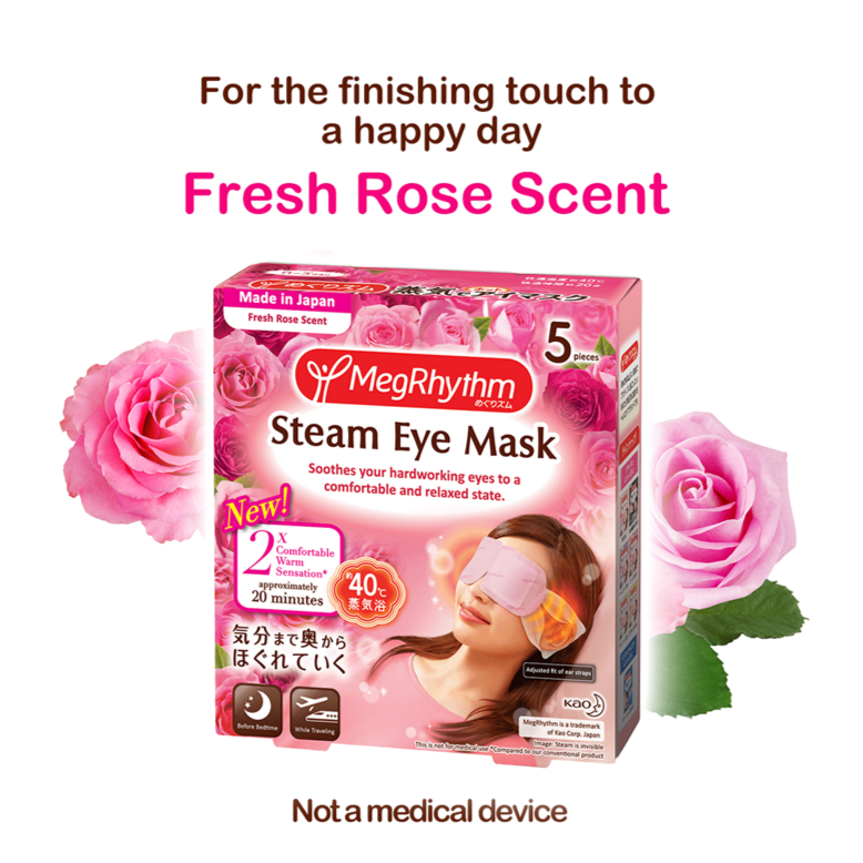 KAO Megrhythm Rose Fragrance Steam Eye Mask lineup showing 12 individually packaged eye masks with fresh rose scent.