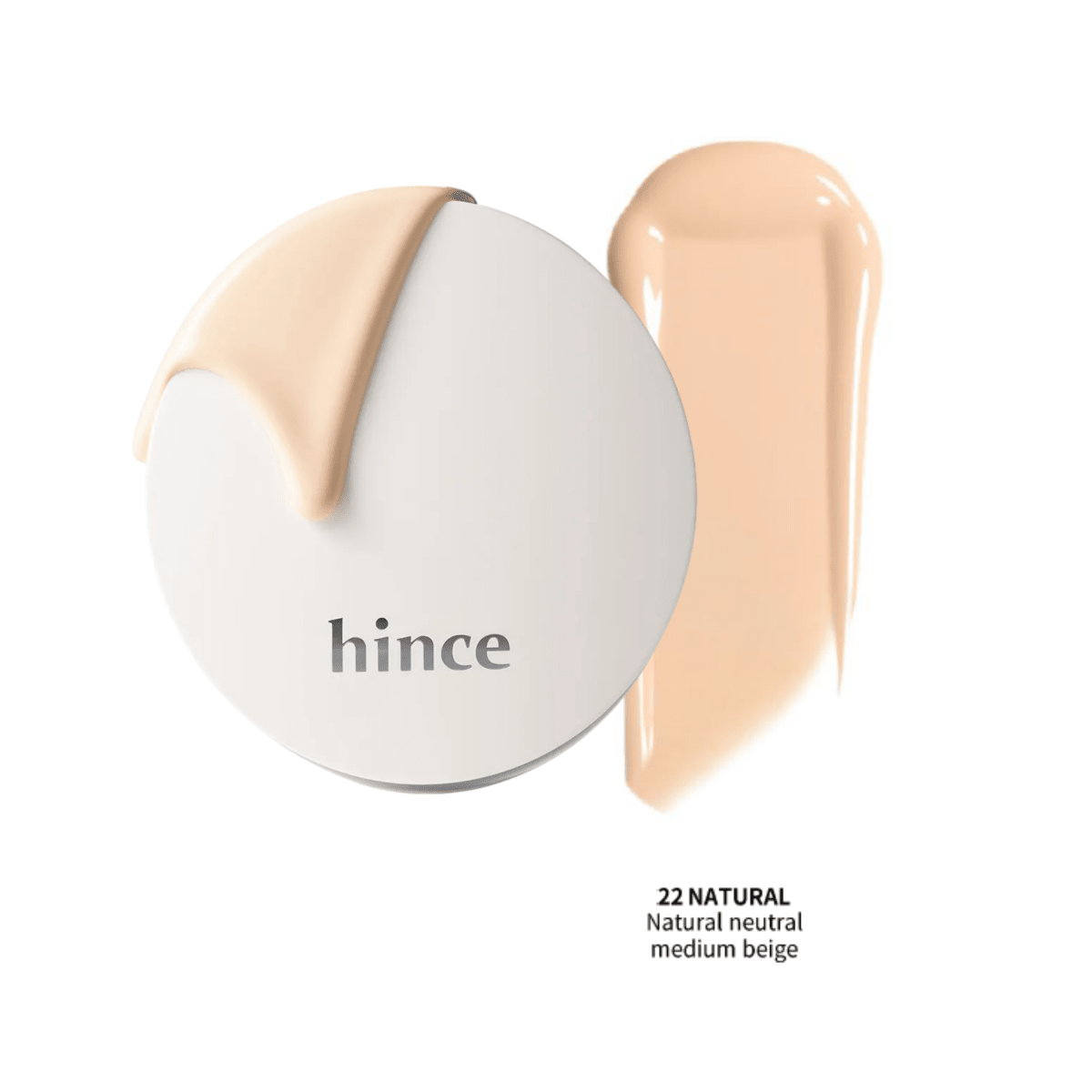 Hince Nu Glow White Cushion foundation in a compact with a mirror and applicator sponge, showcasing smooth, luminous skin finish.